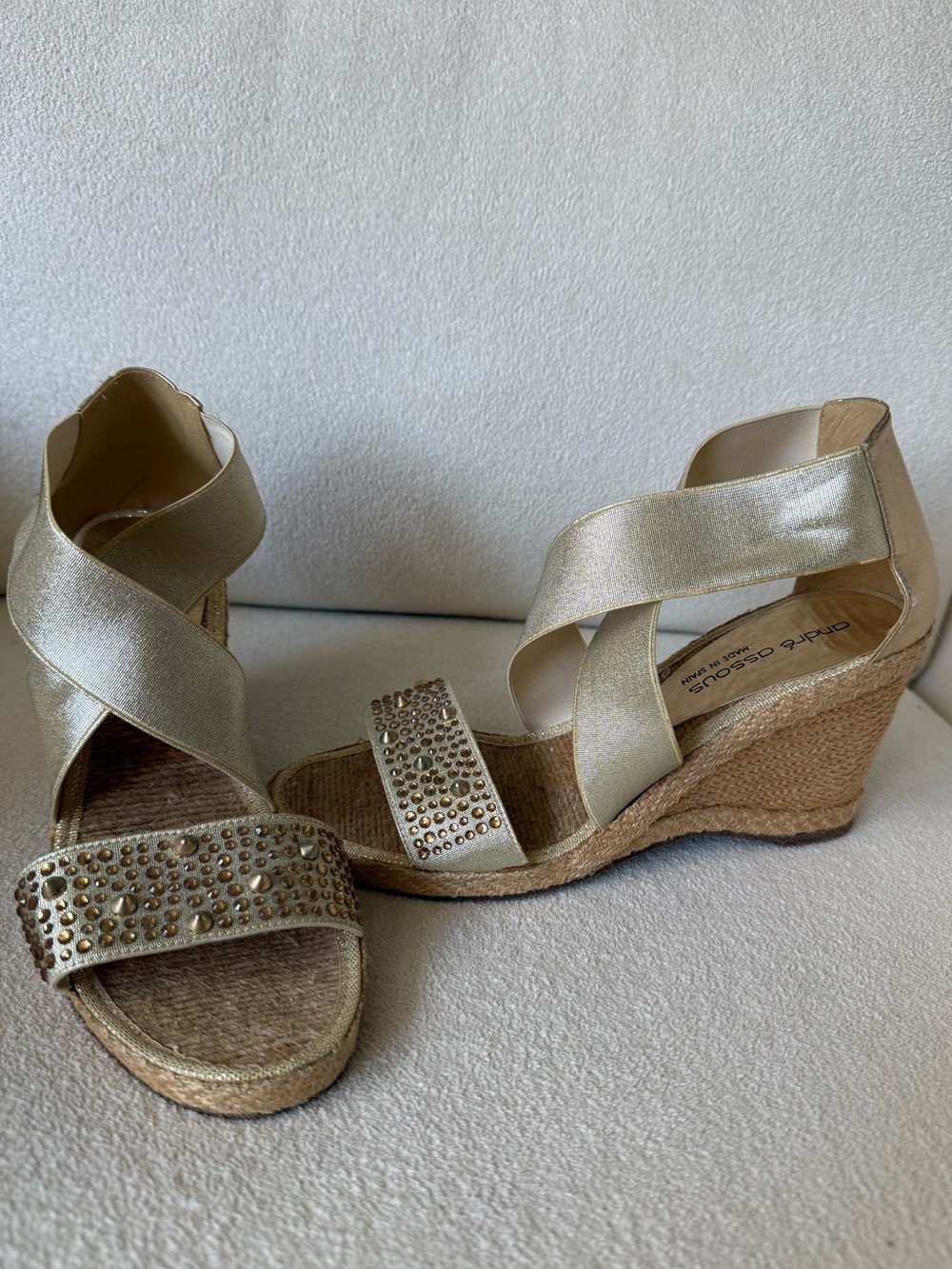 Andre Assous Gold Rhinestone Espadrille Wedge Sandals